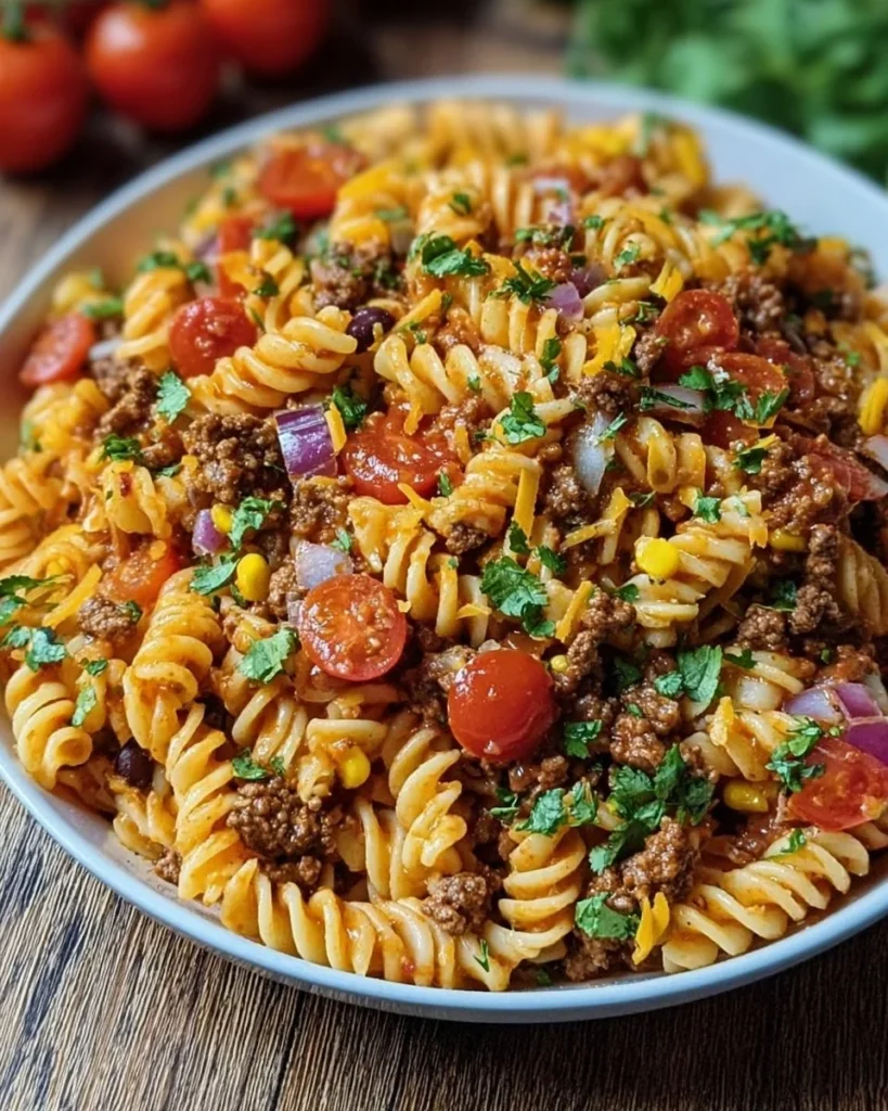Colorful taco pasta salad with fresh ingredients in a bowl