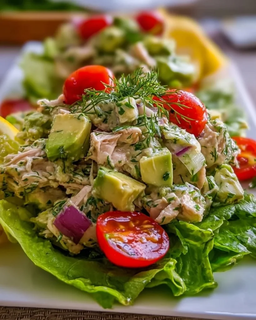 Avocado Herb Chicken Salad in a bowl garnished with herbs