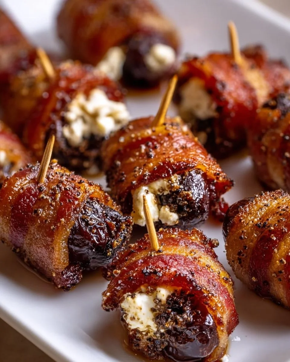 Bacon wrapped dates stuffed with goat cheese on a serving platter
