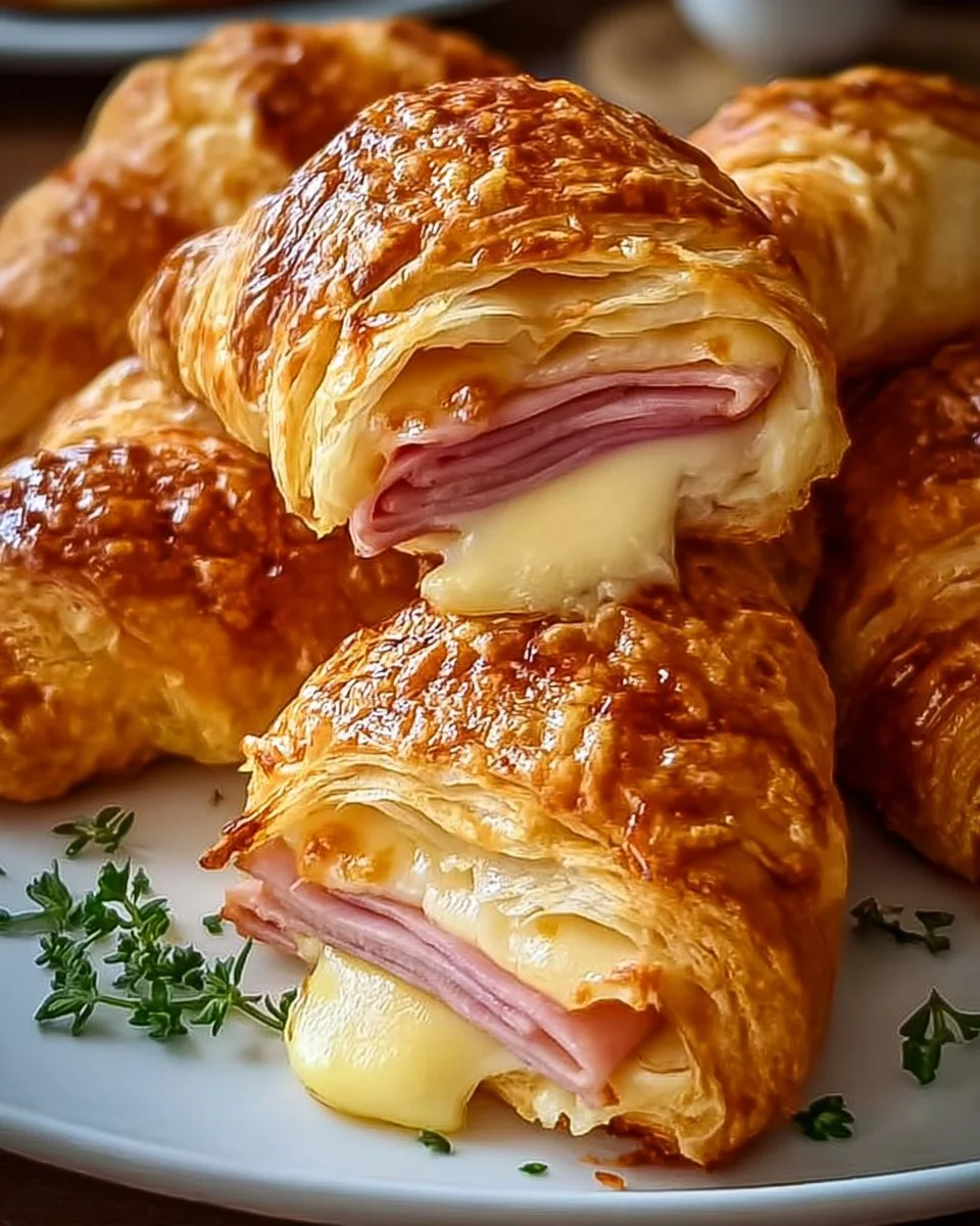Delicious baked ham and cheese croissants on a wooden table