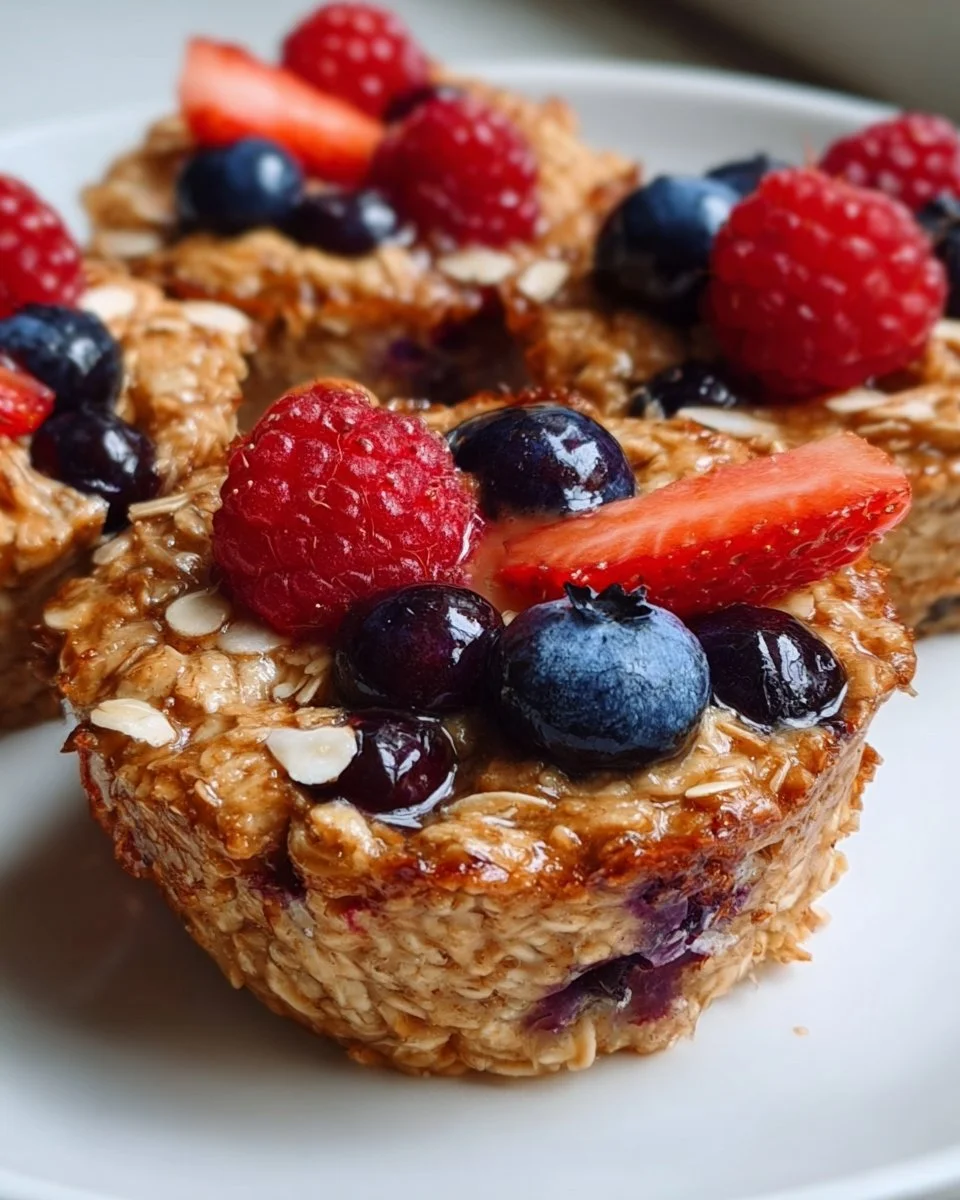 Baked oatmeal cups topped with fresh berries on a plate.