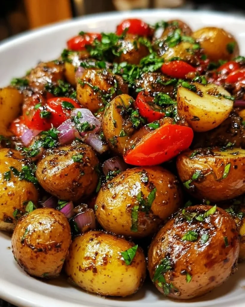 Balsamic Potato Salad garnished with herbs in a bowl
