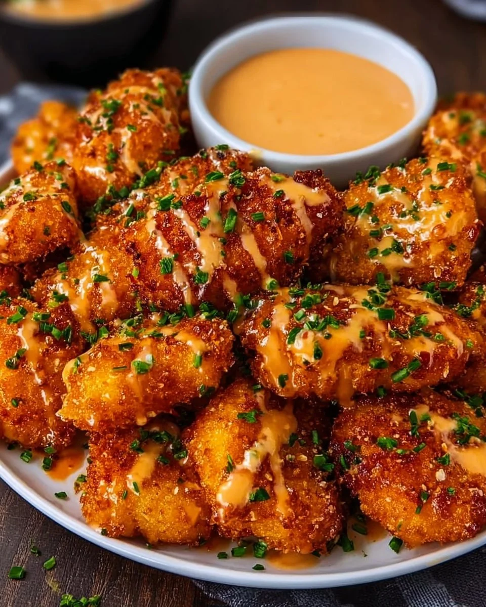 Plate of spicy Bang Bang Chicken garnished with herbs and served with sauce