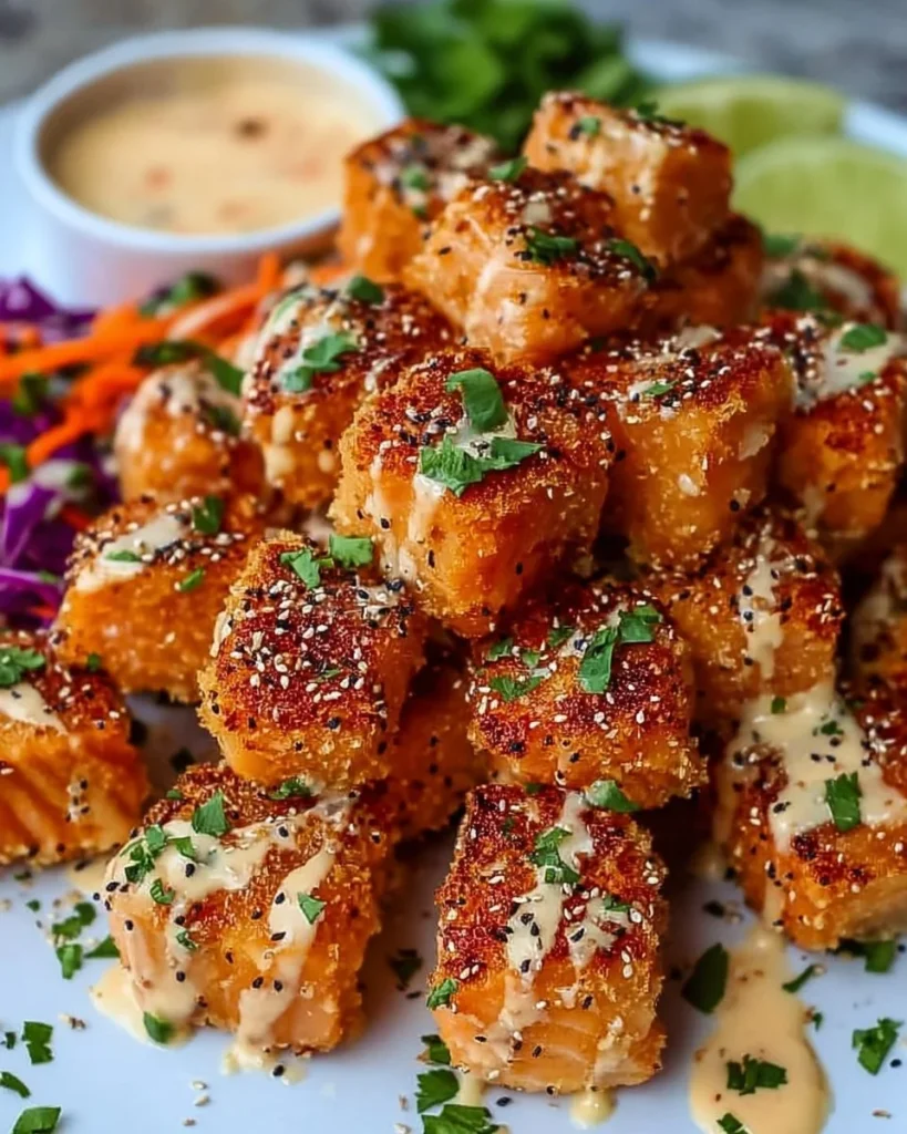 Bang Bang Salmon Bites with spicy sauce served on a plate
