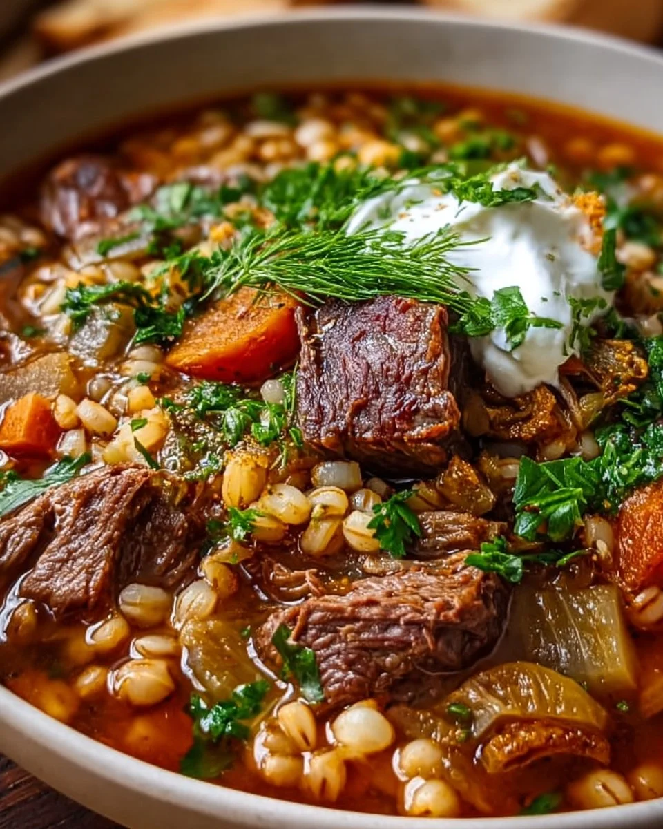 Bowl of Beef Barley Persian Soup garnished with fresh herbs
