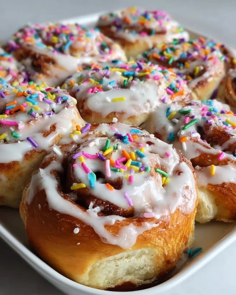 Delicious Birthday Cake Cinnamon Rolls topped with colorful sprinkles.