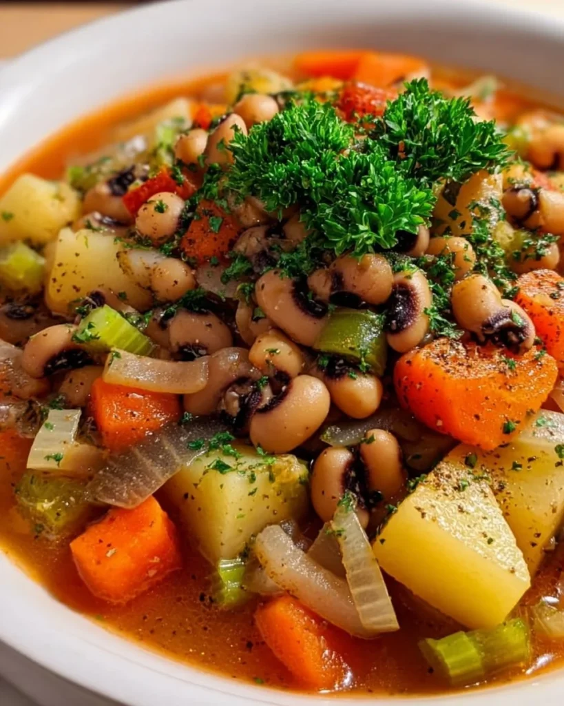 Bowl of Black-Eyed Pea Stew garnished with fresh herbs and spices