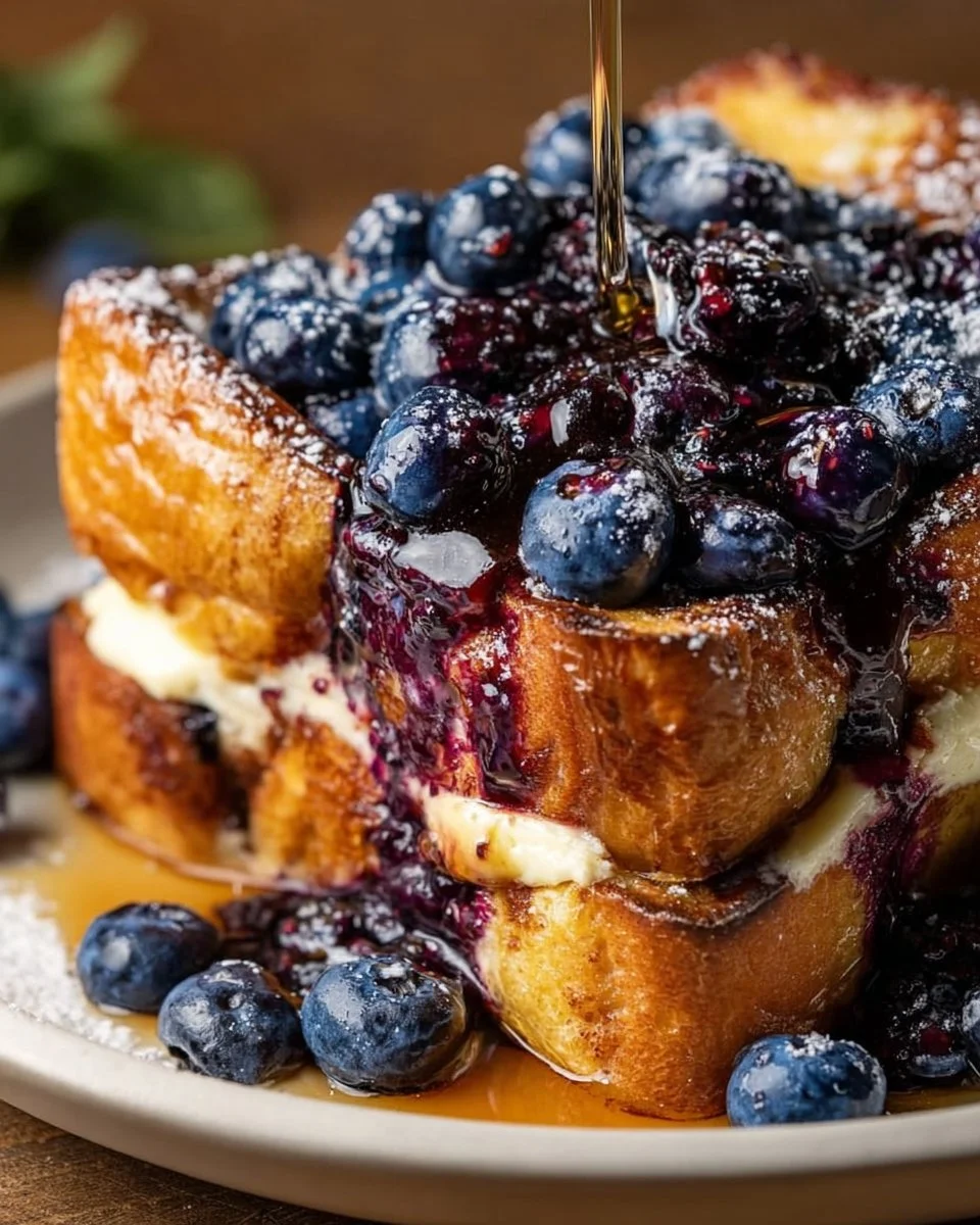Blueberry French Toast Casserole served with syrup and fresh blueberries