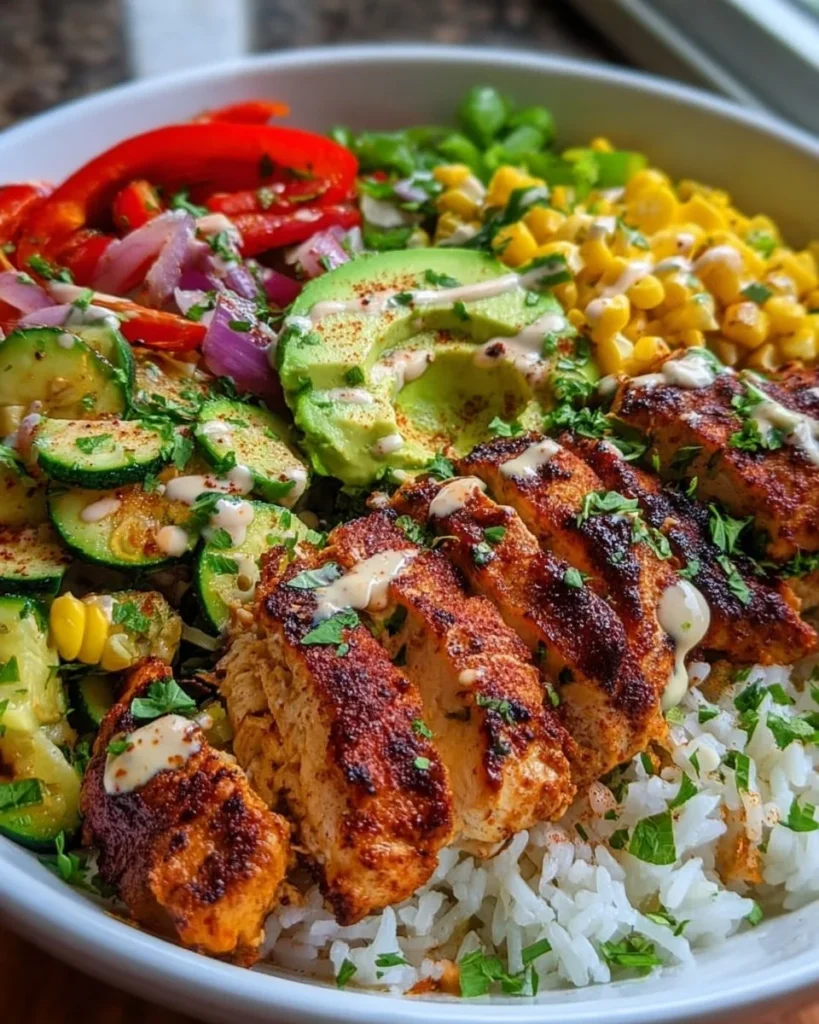 Cajun Chicken Bowl with spicy chicken, rice, and fresh vegetables
