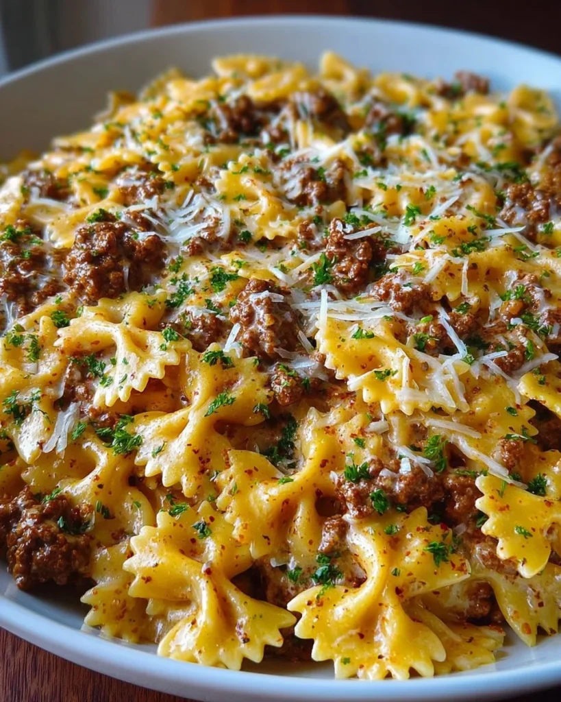 Cajun Cream Cheese Alfredo Bowties with spiced ground beef dish