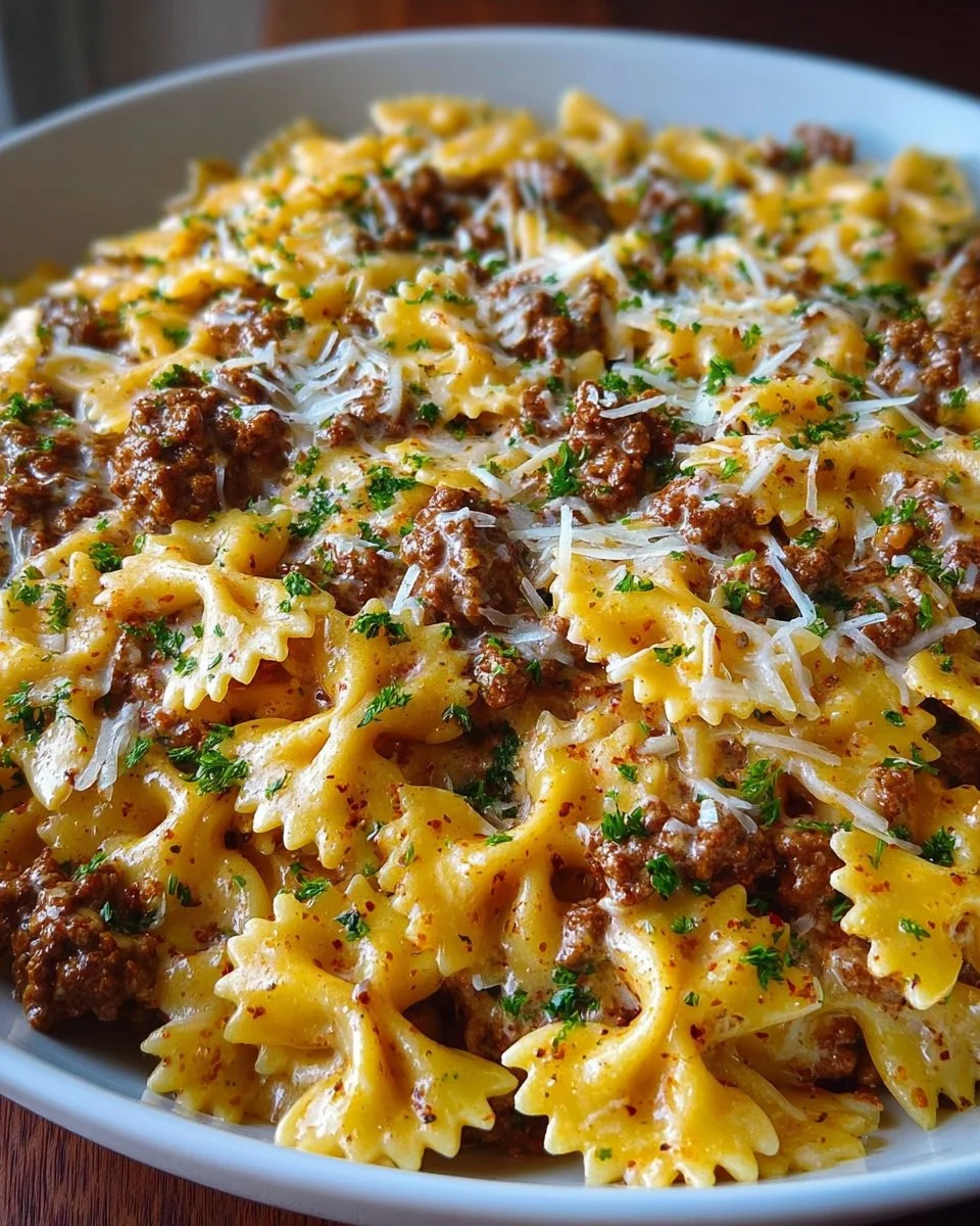 Cajun Cream Cheese Alfredo Bowties with spiced ground beef dish