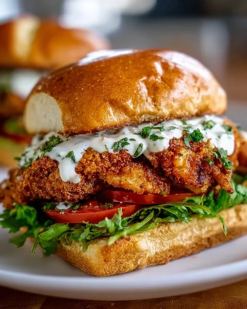 Cajun crispy chicken sandwich with garlic aioli and fresh toppings
