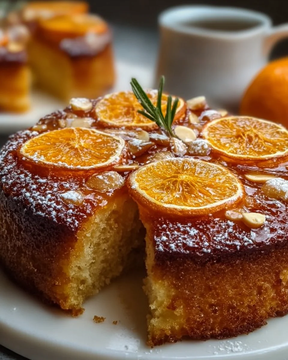 Delicious candied orange almond cake topped with orange slices and almonds.