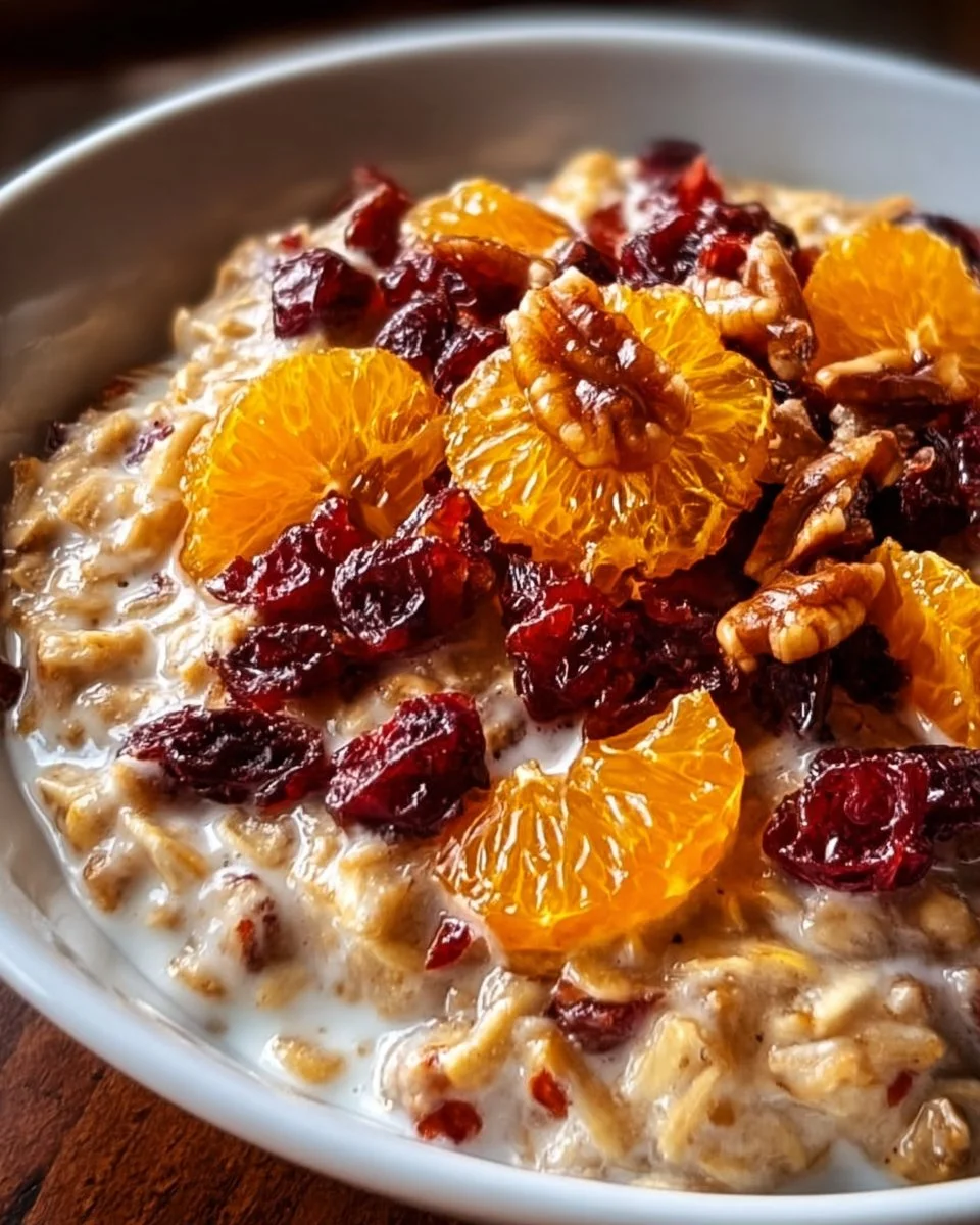 Bowl of oatmeal topped with candied orange and cranberries
