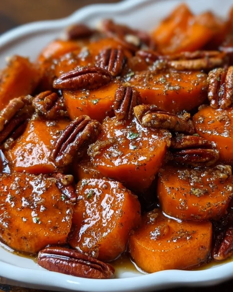 Delicious candied yams topped with toasted pecans in a serving dish