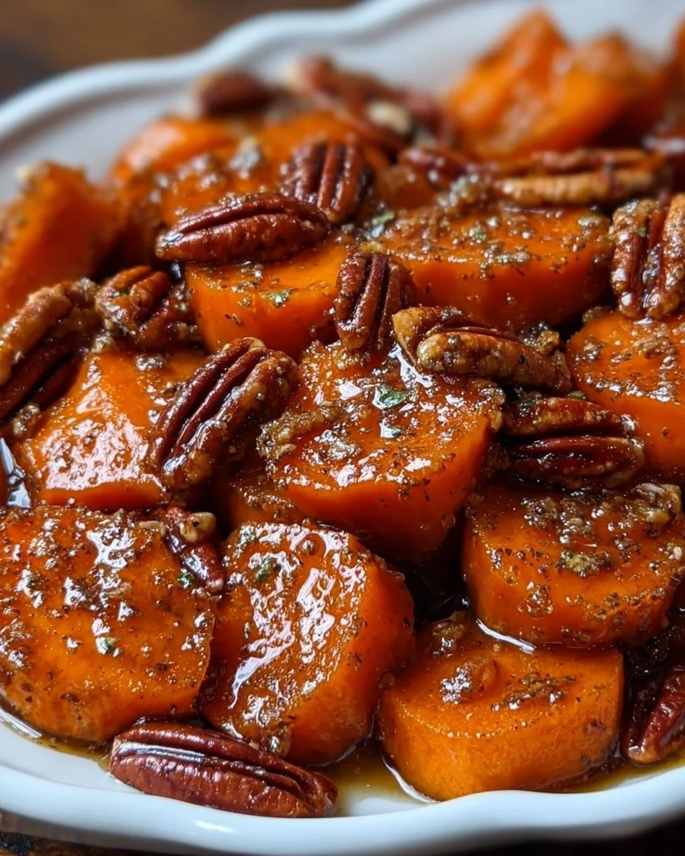 Delicious candied yams topped with toasted pecans in a serving dish