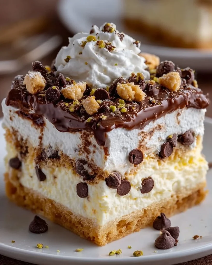 Delicious cannoli cheesecake bars topped with chocolate chips and cream