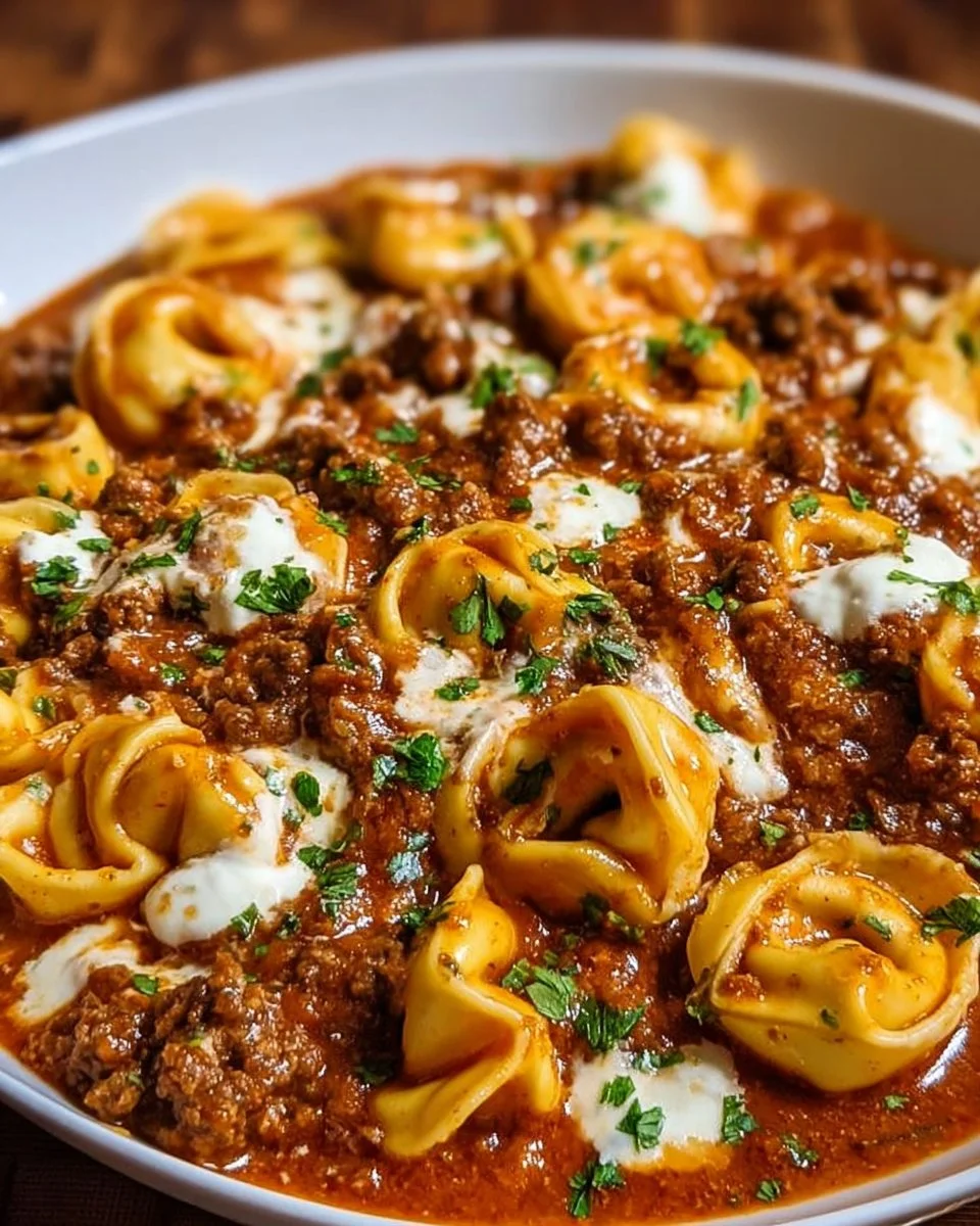 Delicious cheesy beef enchilada tortellini served with toppings.