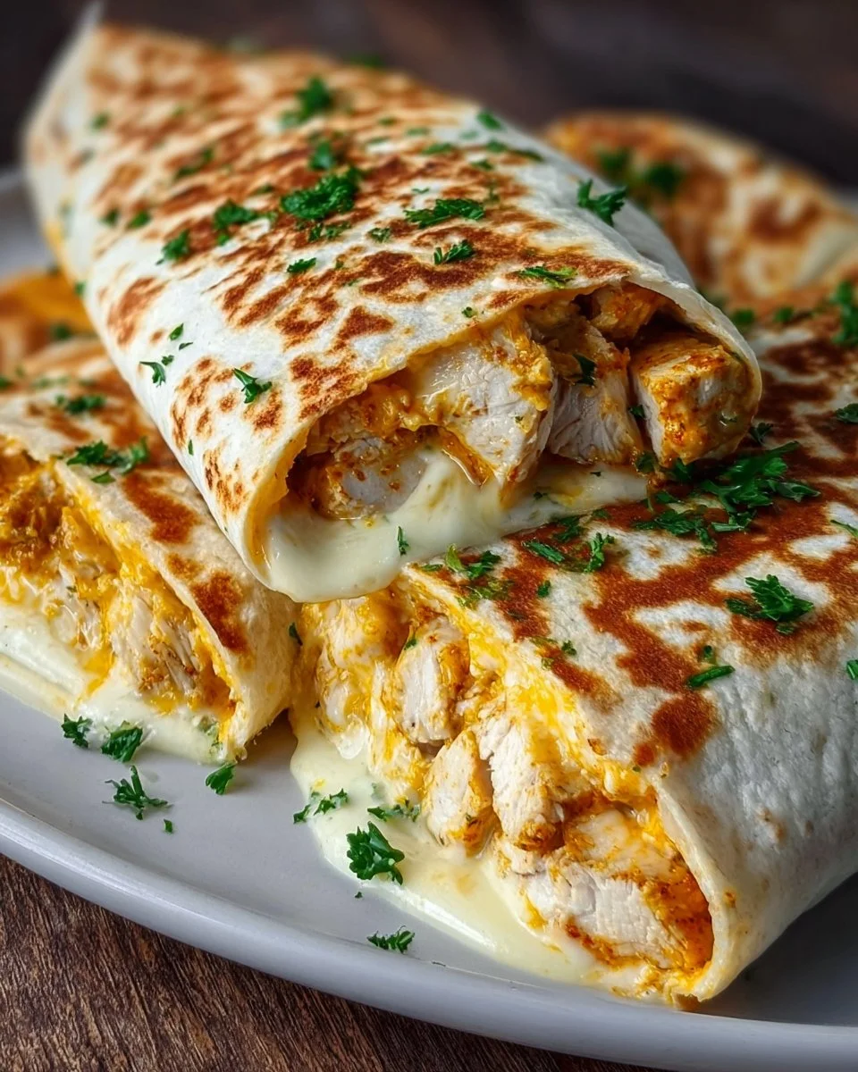Cheesy Garlic Chicken Wraps with melted cheese and fresh garlic