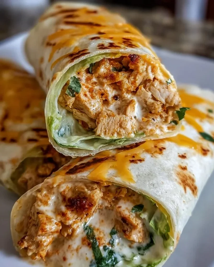 Cheesy garlic chicken wraps filled with melty cheese and flavorful garlic.