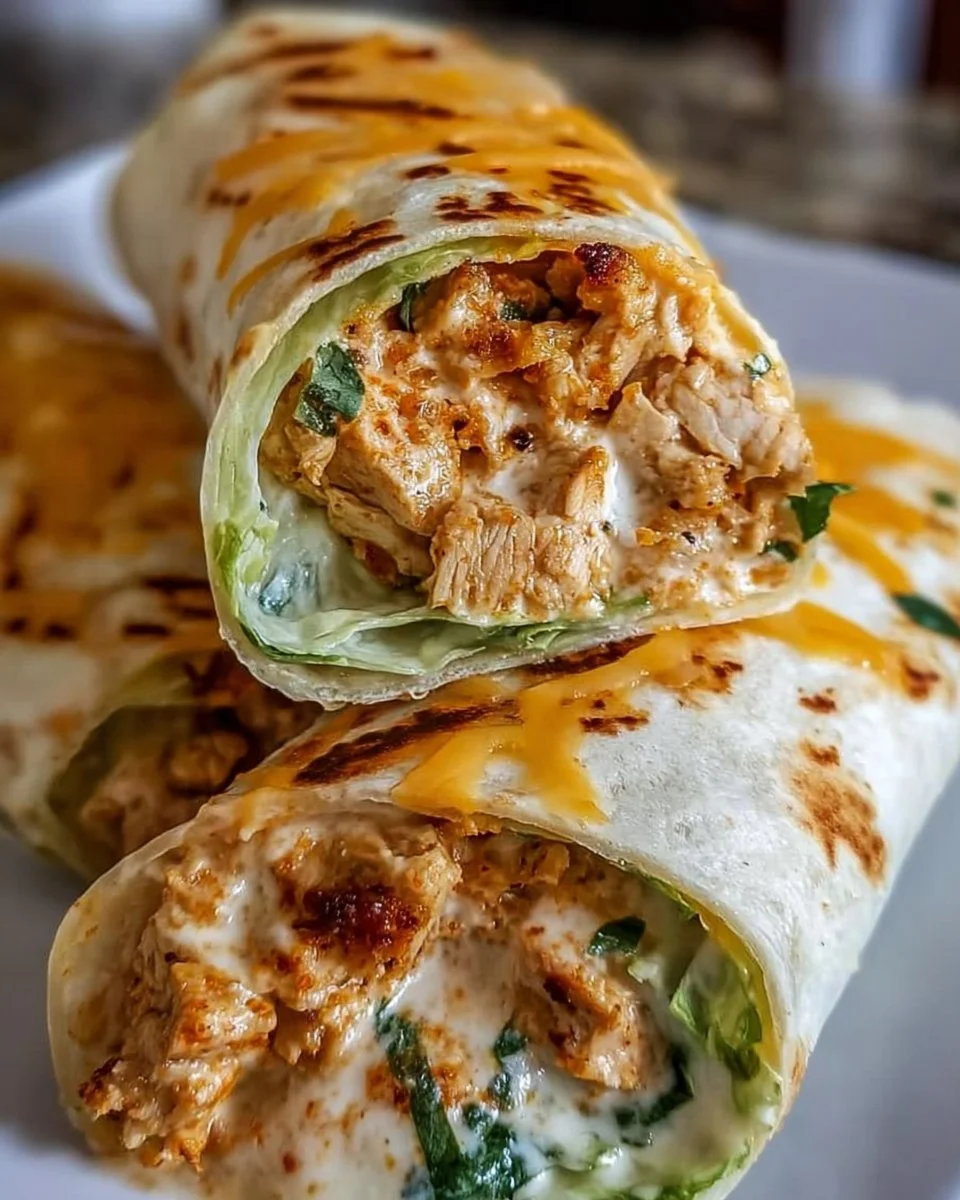 Cheesy garlic chicken wraps filled with melty cheese and flavorful garlic.