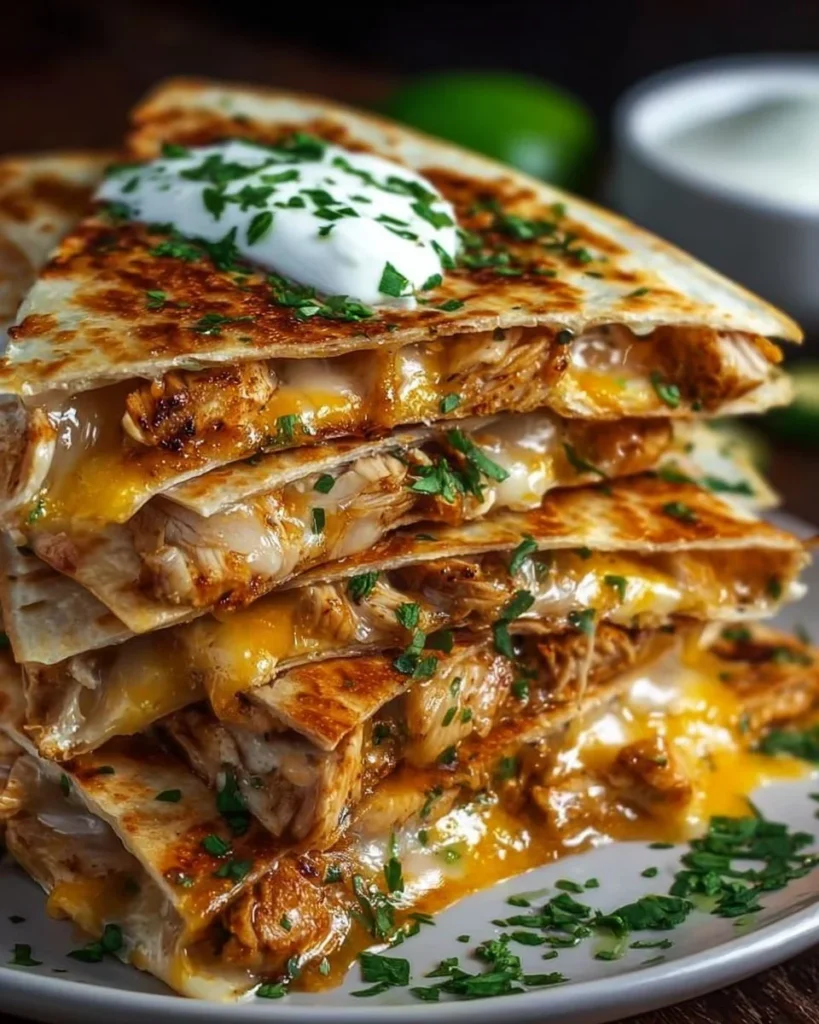 Cheesy hot honey chicken quesadillas drizzled with honey sauce and garnished.