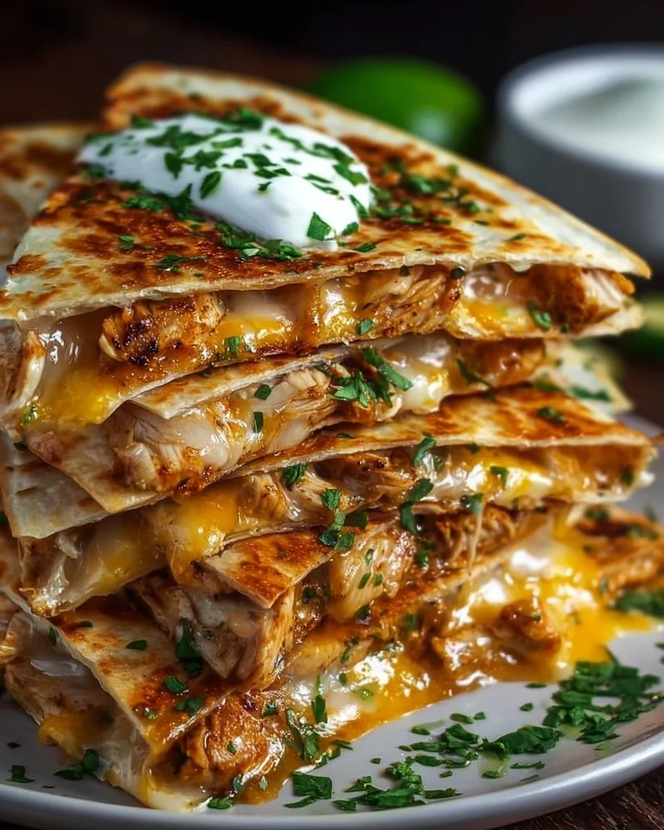 Cheesy hot honey chicken quesadillas drizzled with honey sauce and garnished.