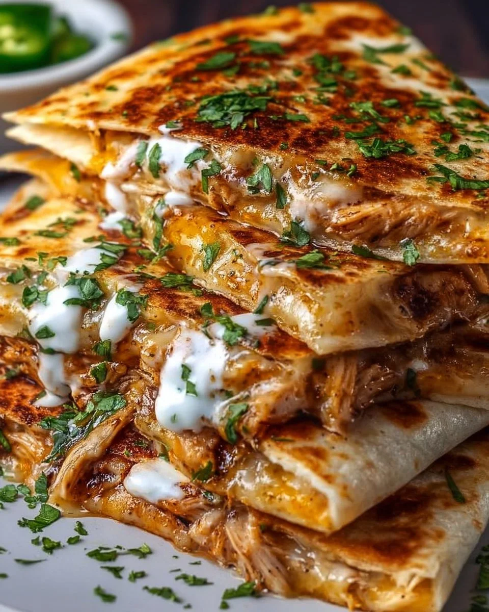 Cheesy hot honey chicken quesadillas served with dipping sauce