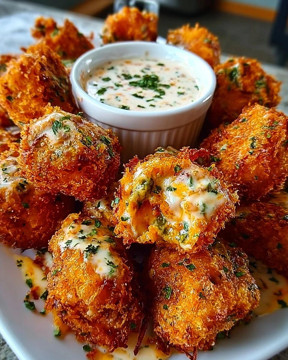 Plate of cheesy Jalapeño Ranch Chicken Poppers with a creamy dip on the side.