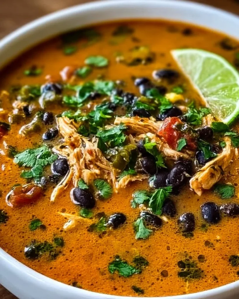 Bowl of Chicken Poblano and Black Bean Soup garnished with cilantro and lime.