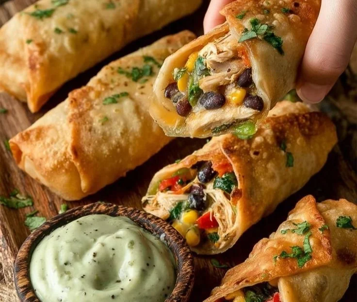 Plate of homemade Chilis Southwest Eggrolls served with dipping sauce