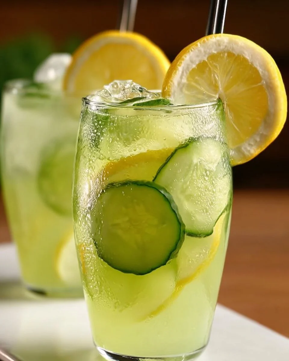 Refreshing chilled cucumber lemonade in a glass with cucumber slices and lemon