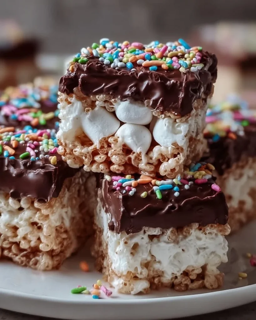 Delicious chocolate covered rice krispy treats on a white plate
