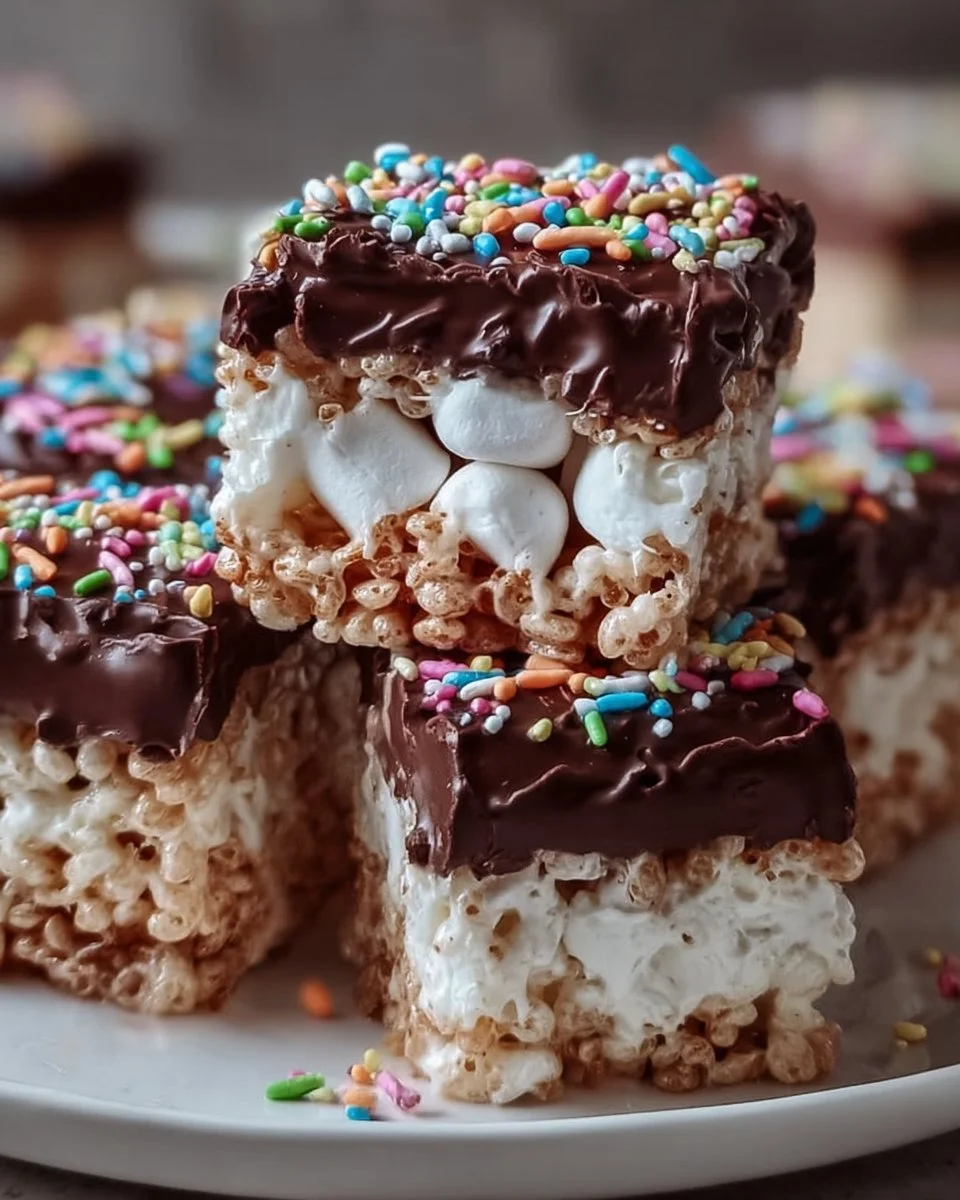Delicious chocolate covered rice krispy treats on a white plate