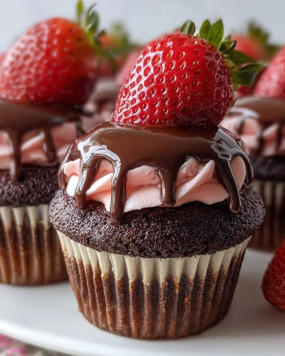 Chocolate covered strawberry cupcakes topped with fresh strawberries