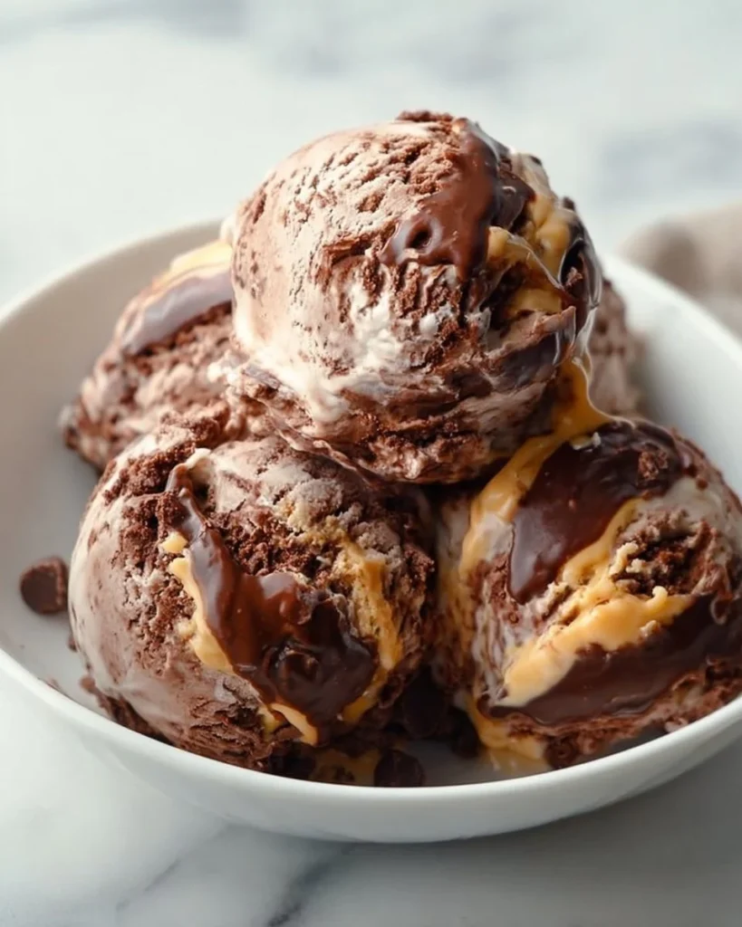 Delicious Chocolate Peanut Butter Ice Cream in a bowl with a scoop and toppings