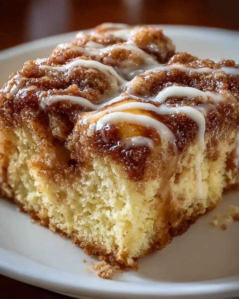 Moist Cinnamon Roll Poke Cake topped with creamy icing and cinnamon swirls