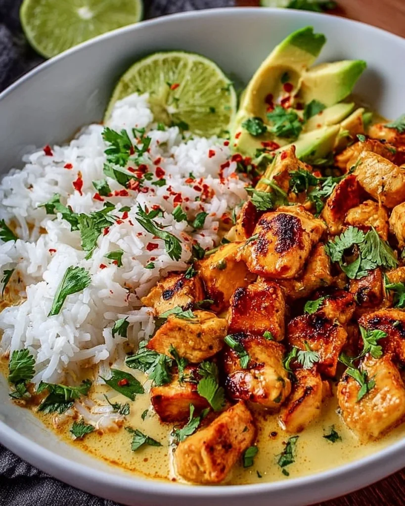Delicious Coconut Chicken Rice Bowl garnished with fresh vegetables