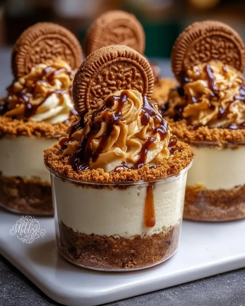 Delicious Cookie Butter Cheesecake Cups topped with whipped cream and cookie crumbles.