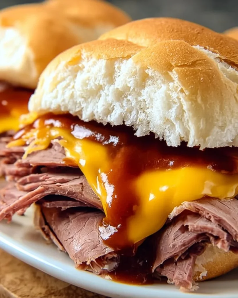 Copycat Arby's Beef Cheddar sandwich with melted cheese and roast beef