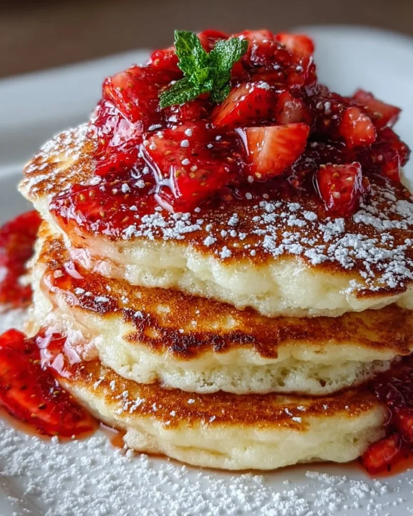 Fluffy Cottage Cheese Pancakes topped with fresh strawberries