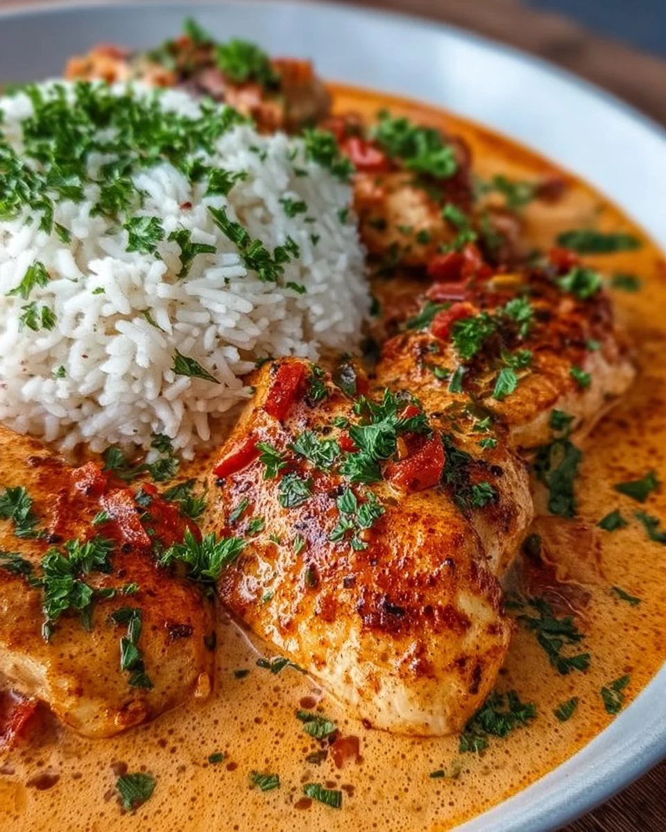 Creamy paprika chicken served with rice in a delicious meal