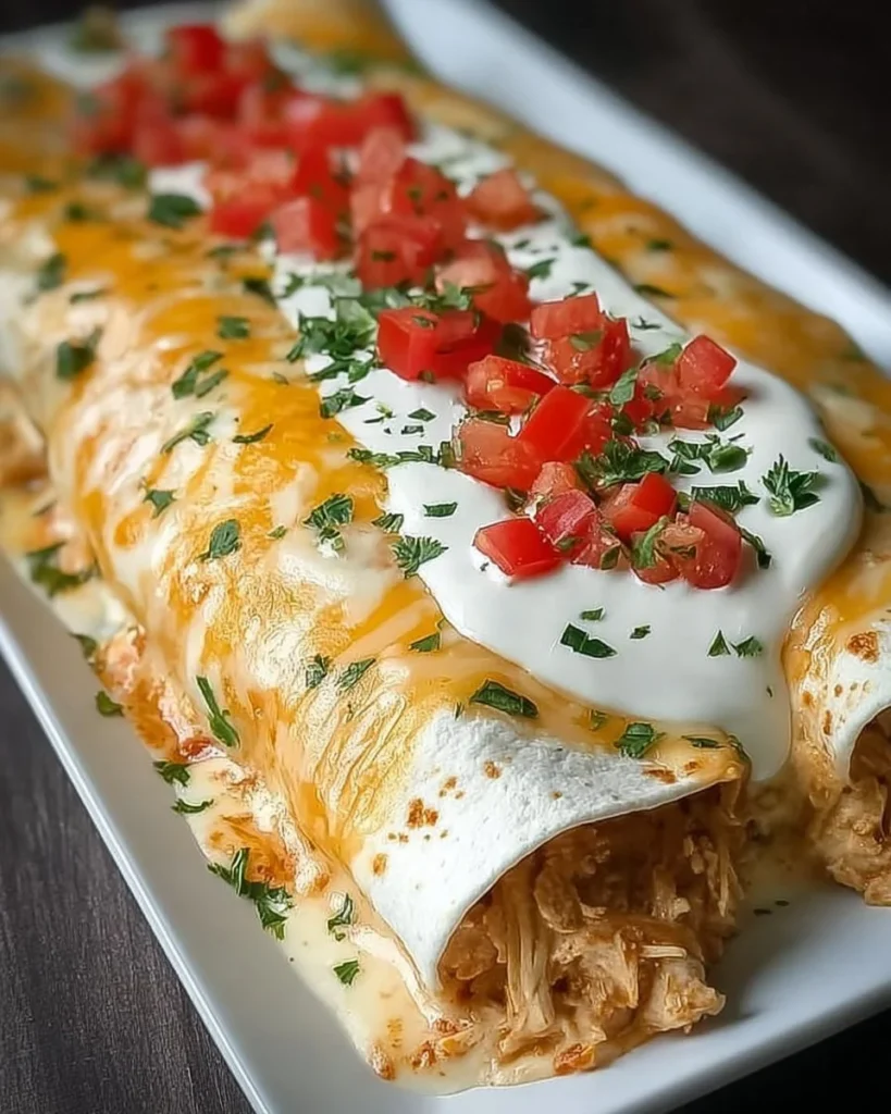 Creamy queso chicken enchiladas served on a plate with toppings