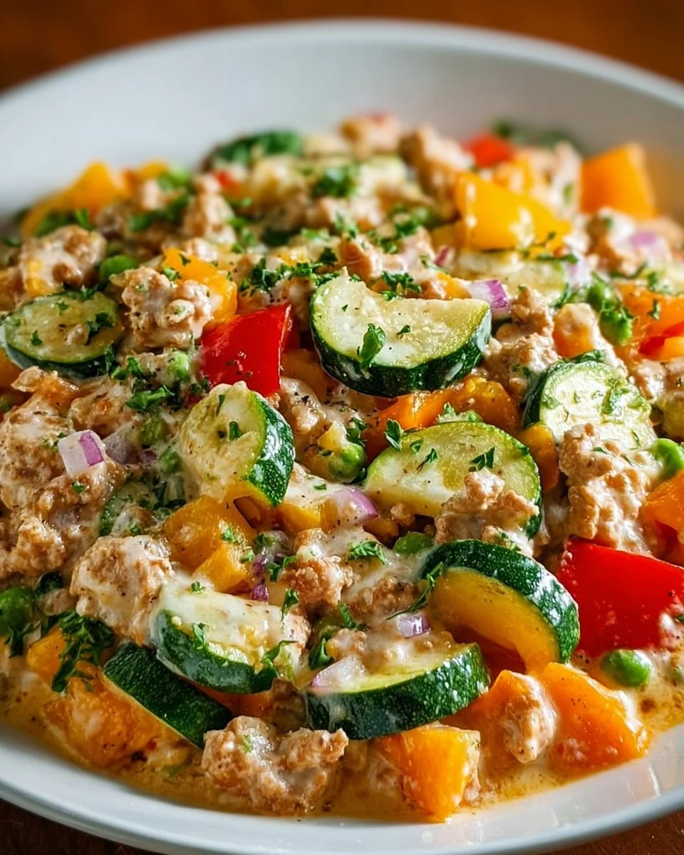 Creamy ranch turkey veggie skillet dish served in a frying pan