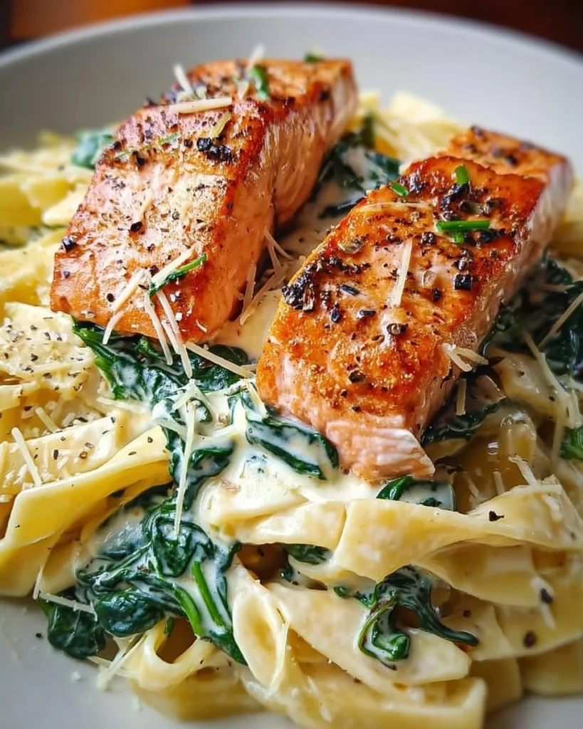 Creamy spinach salmon pasta dish with fresh ingredients