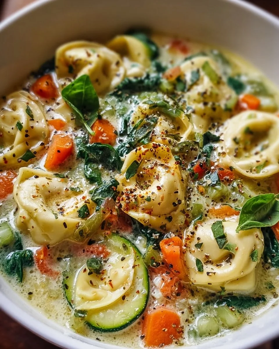 Bowls of creamy vegetable tortellini soup garnished with fresh herbs.