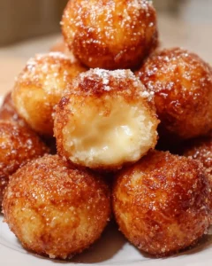 Delicious crème brûlée donut holes freshly baked and coated in caramelized sugar.