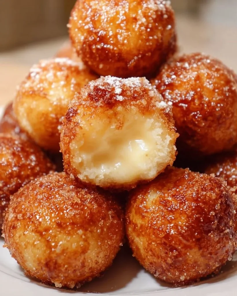 Delicious crème brûlée donut holes freshly baked and coated in caramelized sugar.