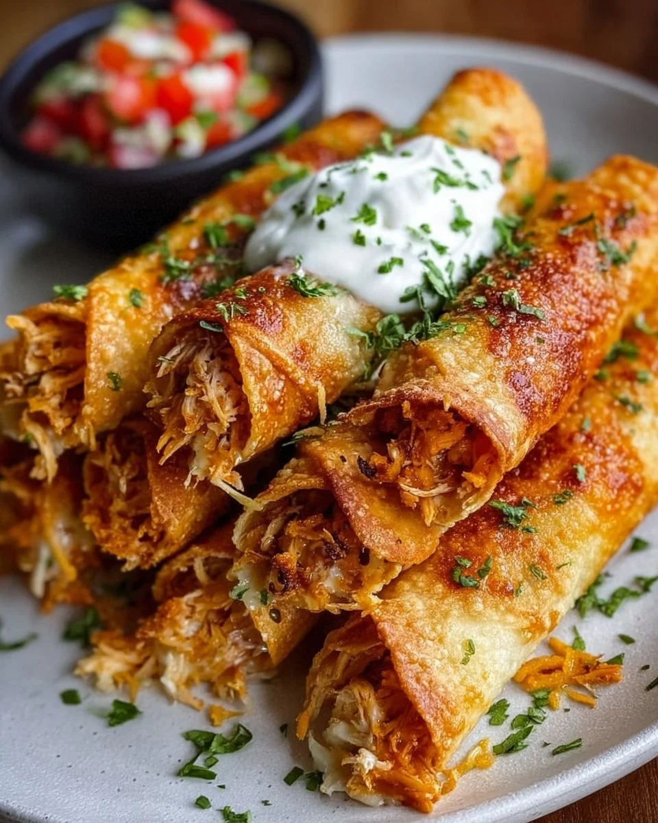 Plate of Crispy Chicken Taquitos served with salsa and guacamole