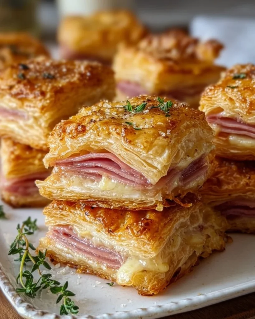 Crispy ham and cheese puff pastry stacks on a wooden board.